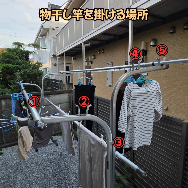 物干し竿を掛けるフックが全部で5箇所備わっている、専門店きららのアルミ物干し台。