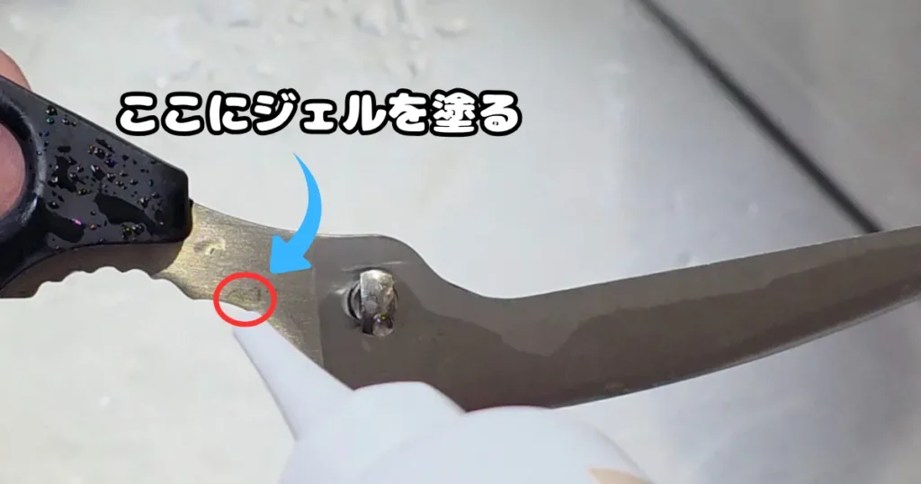 サビの部分にサビ取りジェルを塗る、キッチンバサミ。