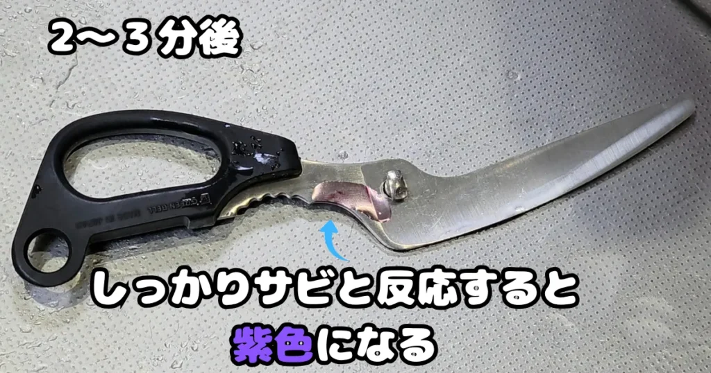 サビ取りジェルを塗って2〜3分後、サビと反応して紫色に変色したキッチンバサミ。