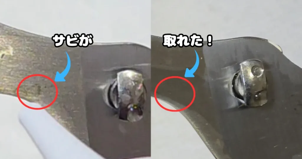 サビ取り前とサビが綺麗に取れた後を比較した、キッチンバサミ。