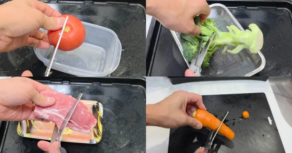 トマト、ブロッコリー、生肉、にんじんなど、様々な食材をカットしているキッチンバサミ。