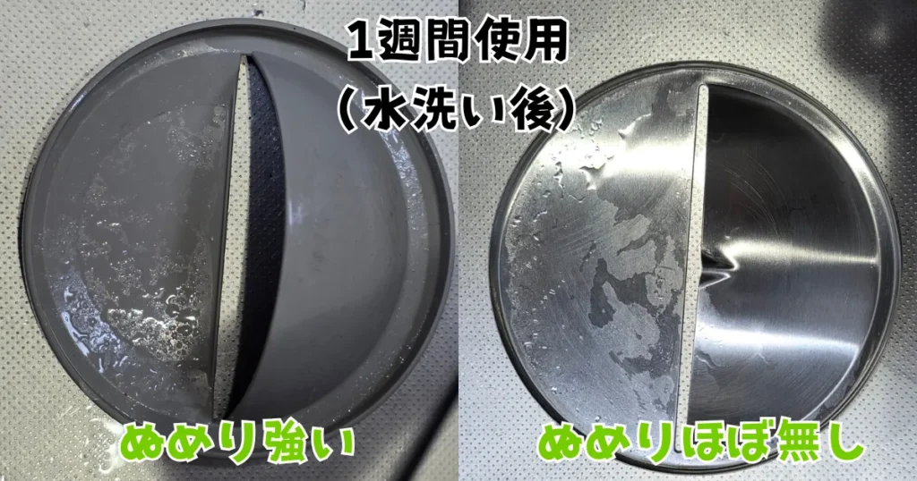 1週間使用した排水口カバーの比較。裏側に油汚れやぬめりが付着している左のプラスチック製に対し、右のステンレス製はツルンとしてぬめりが発生していない。