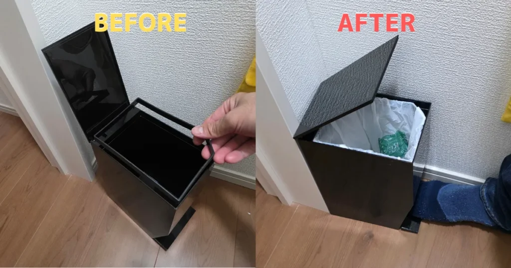 黒いサニタリーボックスにレジ袋をセットする前と後の状態。