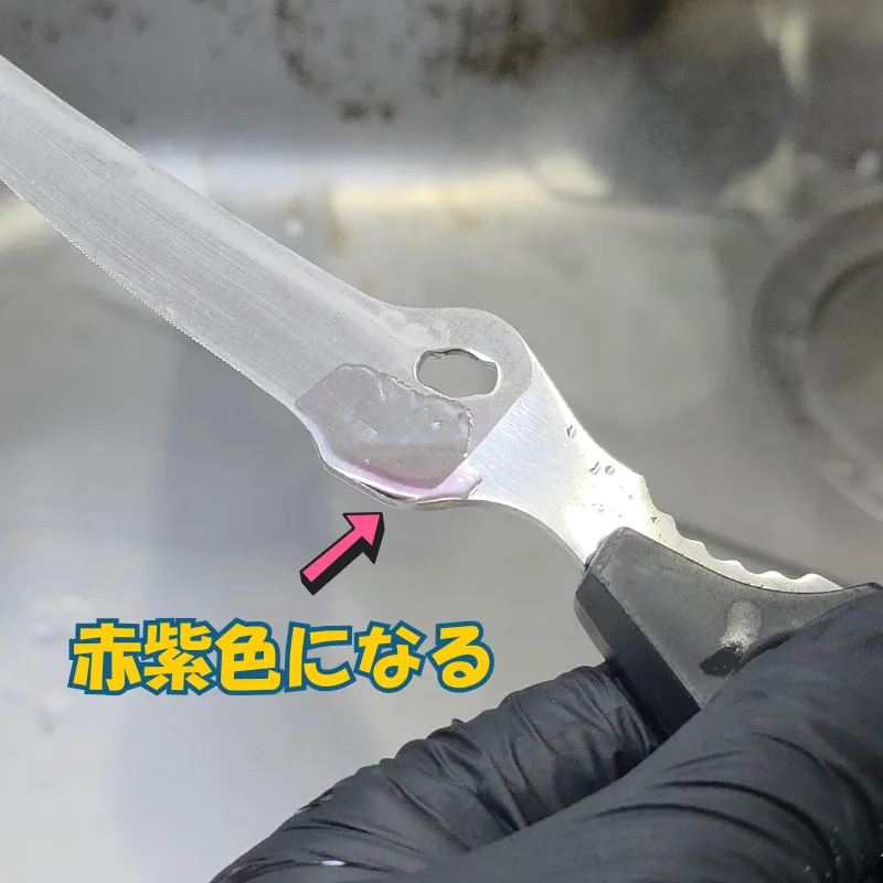 キッチンバサミの結合部に塗った透明なジェル状のサビ取り剤が、サビと反応して赤紫色に変色している様子。