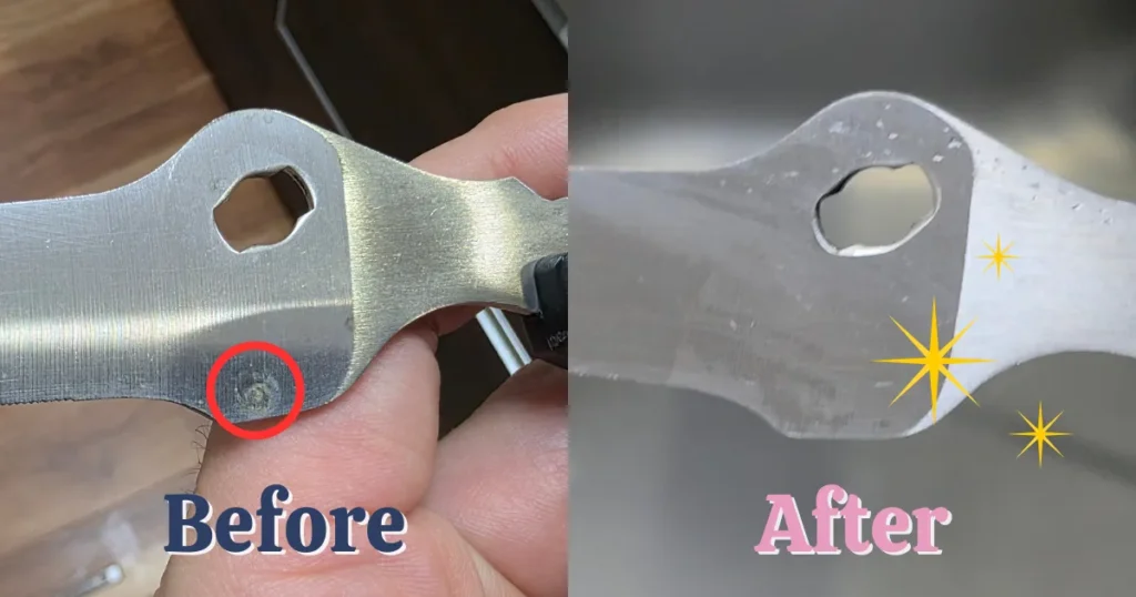 キッチンバサミの結合部にあったサビが消え、ピカピカに輝くBefore/Afterの比較写真。
