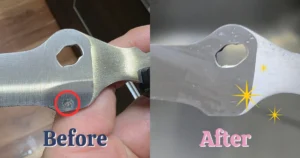 キッチンバサミの結合部にあったサビが消え、ピカピカに輝くBefore/Afterの比較写真。