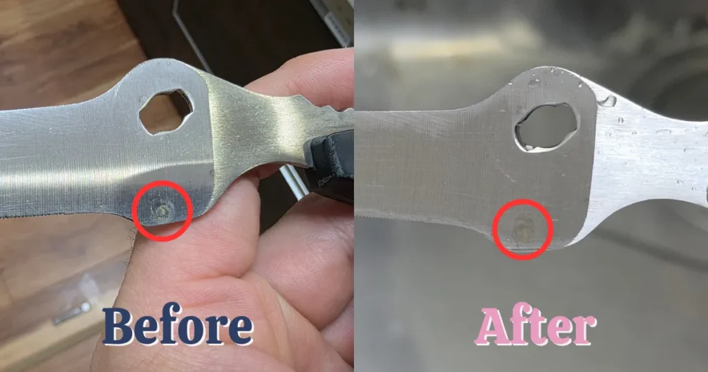 重曹ペーストを使用する前後のキッチンバサミの結合部。